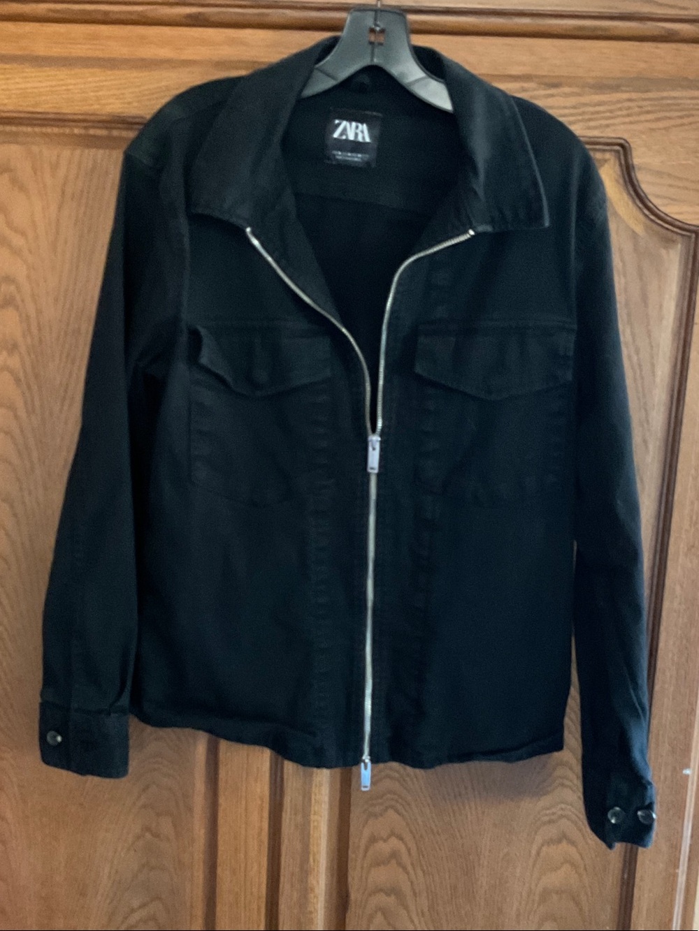 Zara Black Zip-Up Jean Jacket with Chest Flaps